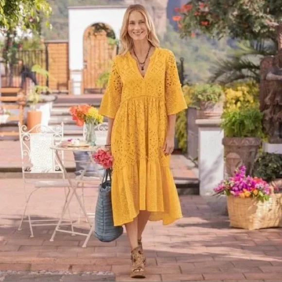 Sundance Selma Yellow Embroidered Eyelet Peasant Dress Midi - Picture 1 of 8